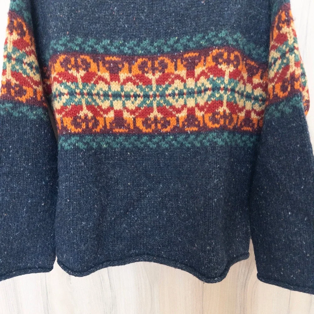 Vintage Mens Roll Neck Fair Isle Sweater Small Navy Wool Nordic Heritage Cabin